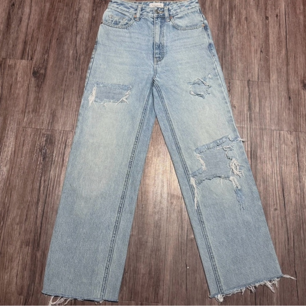 •PACSON•HIGH-WAISTED•STRAIGHT-LEG • DISTRESSED DENIM JEANS WITH RAW HEM